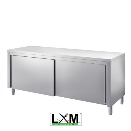 Tavolo da lavoro in acciaio Inox con porte scorrevoli e alzatina prof. 60  cm - Lam Attrezzature - Attrezzatura per Ristorazione & Design